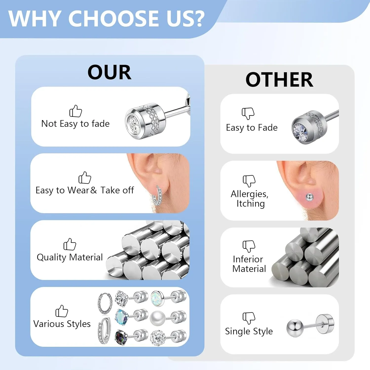 10 Pairs Stainless Steel Stud Earrings Colorful CZ Stud Earrings 20G Stud Earings 10mm 12mm Hoop Earrings Cartilage Earrings For Women Men