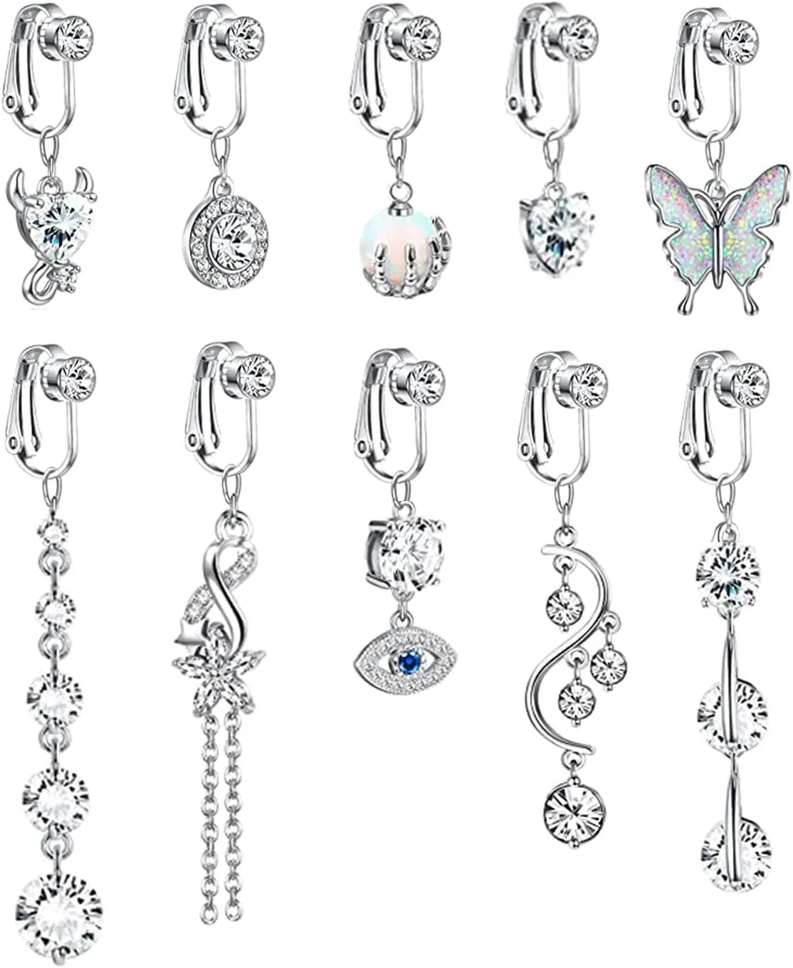 10PCS Faux Belly Button Rings for Women Dangle Belly Rings Clip On Belly Rings Butterfly Evil Eye Fake Navel Rings Non Piercing Jewelry