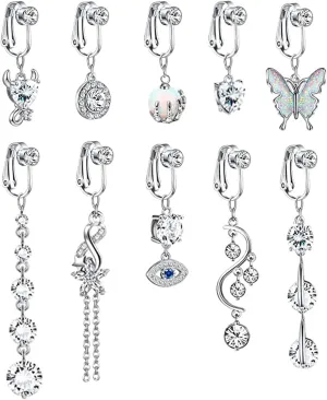10PCS Faux Belly Button Rings for Women Dangle Belly Rings Clip On Belly Rings Butterfly Evil Eye Fake Navel Rings Non Piercing Jewelry