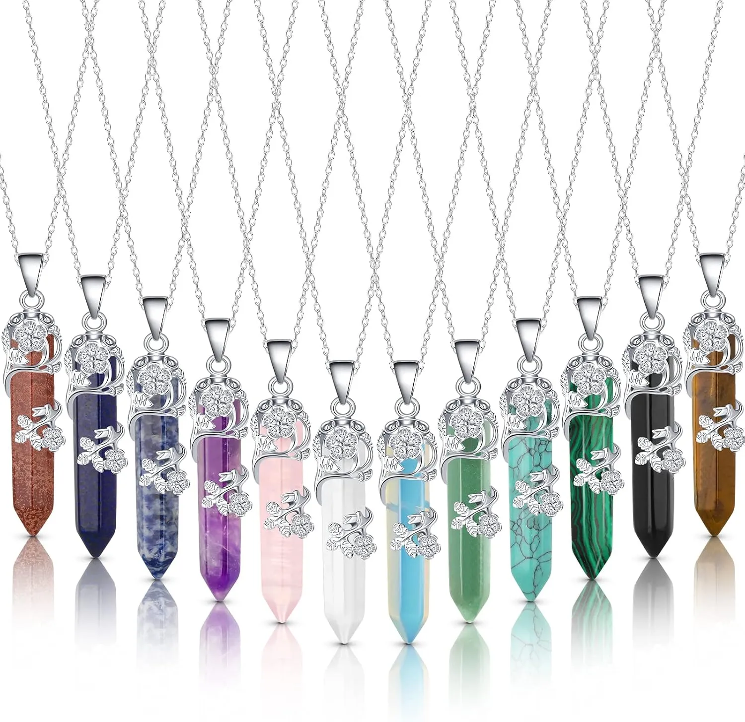12 Pcs Crystal Necklaces Healing Stones Spiritual Pendant Natural Gemstone Jewelry with Adjustable Chain for Women