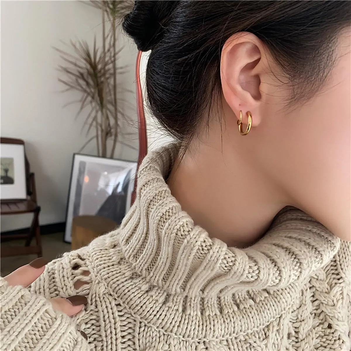 14k Gold Double Hoop Twist Earrings for Woman, Trendy Hypoallergenic Helix Piercing Faux Spiral Earring Gifts