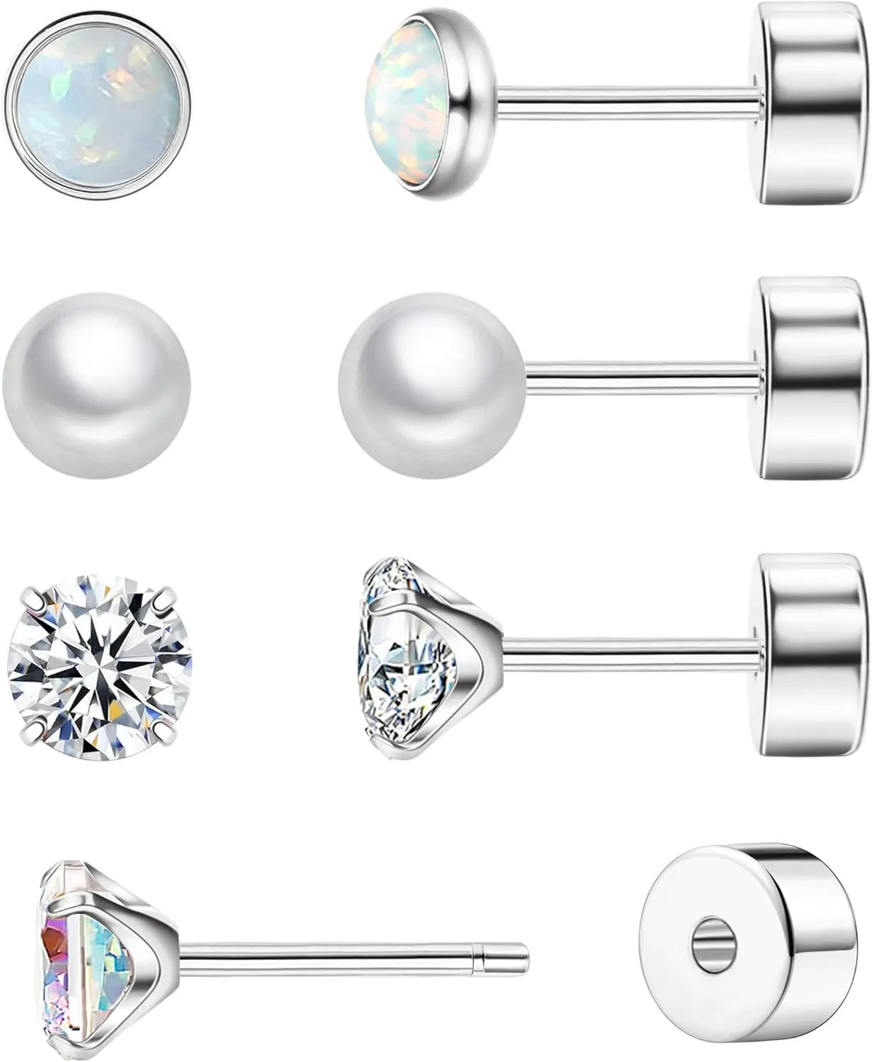 14K Gold Flat Back Earrings Threadless Cartilage Earrings Studs Hypoallergenic Titanium Steel Push in Flatback Earrings for Women Pearl Opal CZ Nap Earrings for Tragus Helix Piercing