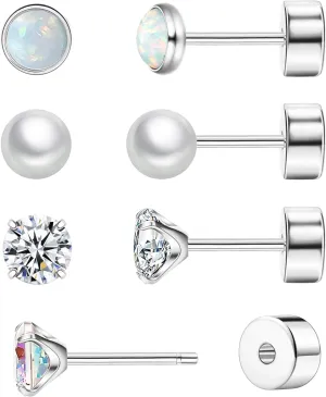 14K Gold Flat Back Earrings Threadless Cartilage Earrings Studs Hypoallergenic Titanium Steel Push in Flatback Earrings for Women Pearl Opal CZ Nap Earrings for Tragus Helix Piercing