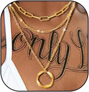 14K Gold Layered Necklace,Trendy Stackable Paper Clip Dainty Hollow Circle Pendant Choker,Aesthetic Birthday Jewelry Gift for Women