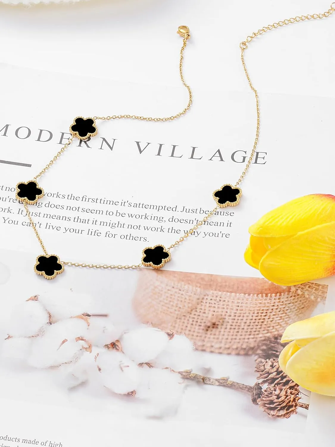 14K Gold Plated Four Leaf Clover Pendant Dot Necklace for Women Lucky Flower Jewelry