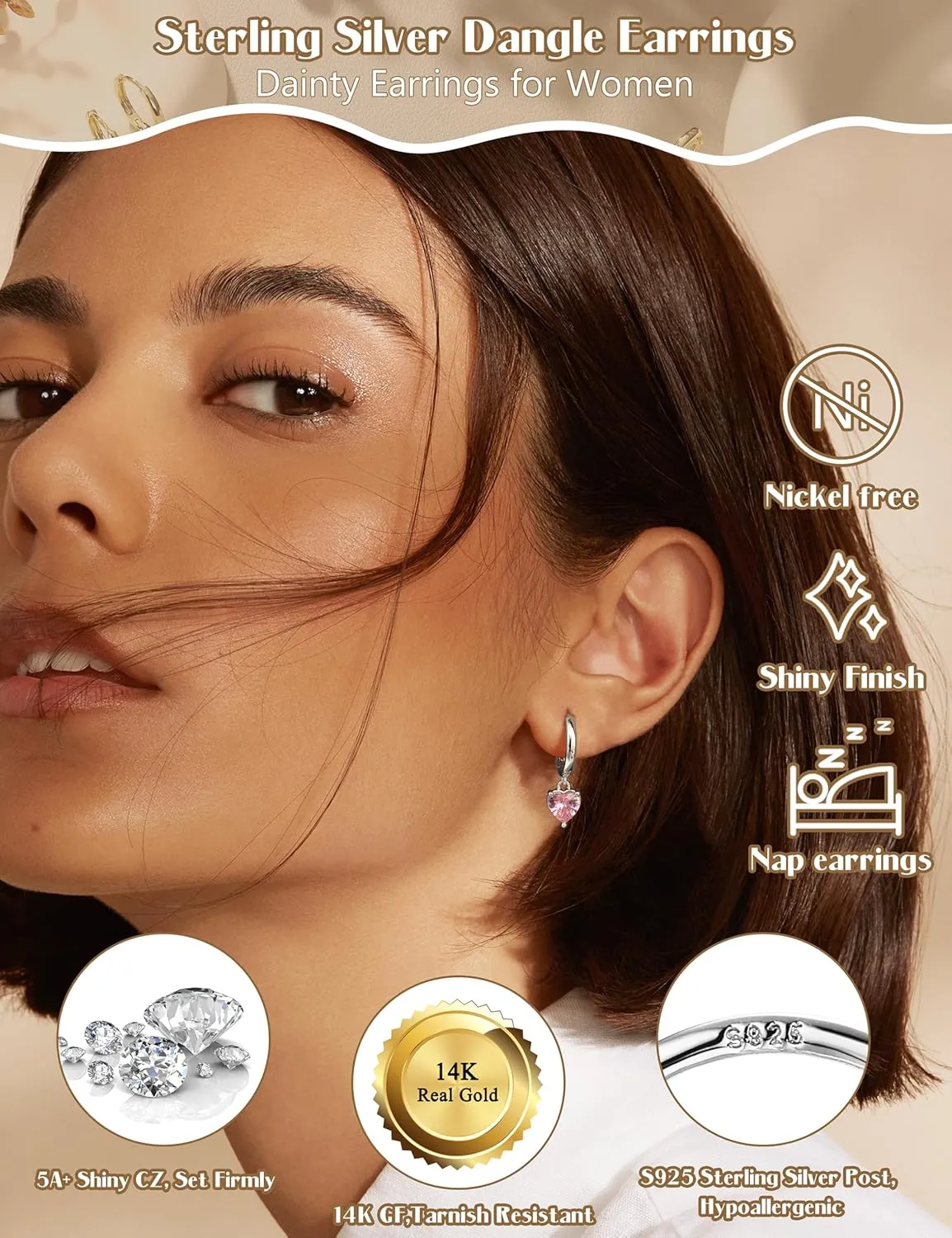 14K Gold Plated S925 Sterling Silver Drop Dangle Earrings for Women - Hypoallergenic Dainty Gold Huggie Hoop Earring CZ Heart Pearl Clam Shell Dainty Charm Drop Dangle Earrings Jewelry Gift