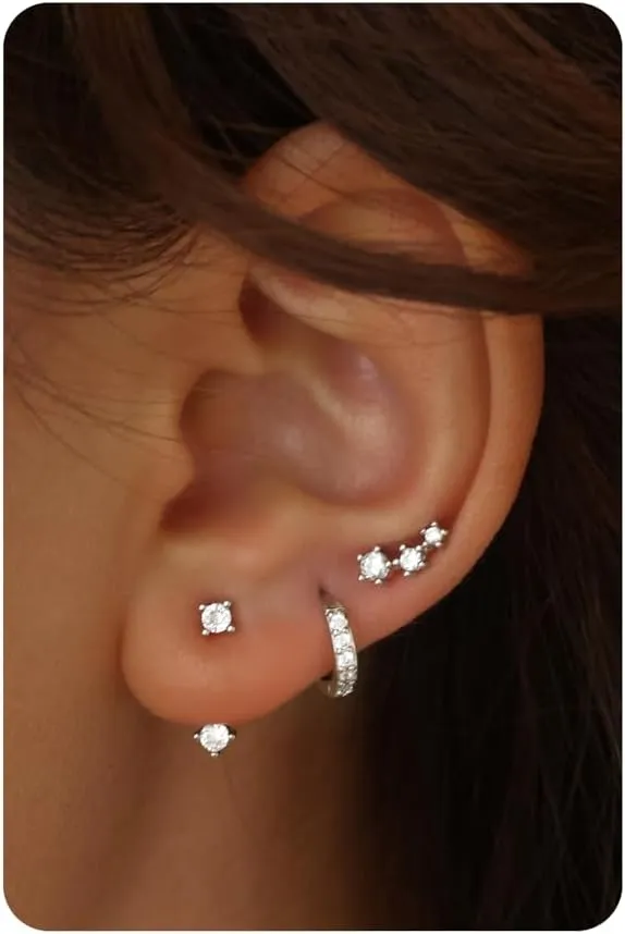 14K Gold Plated Sterling Silver Post | Dainty Earrings Set for Women: Stud Earrings, Drop Dangle Earrings, Ear Climber Jacket Earrings, Huggie Hoop Earrings for Multiple Piercings (3 Pairs Set)