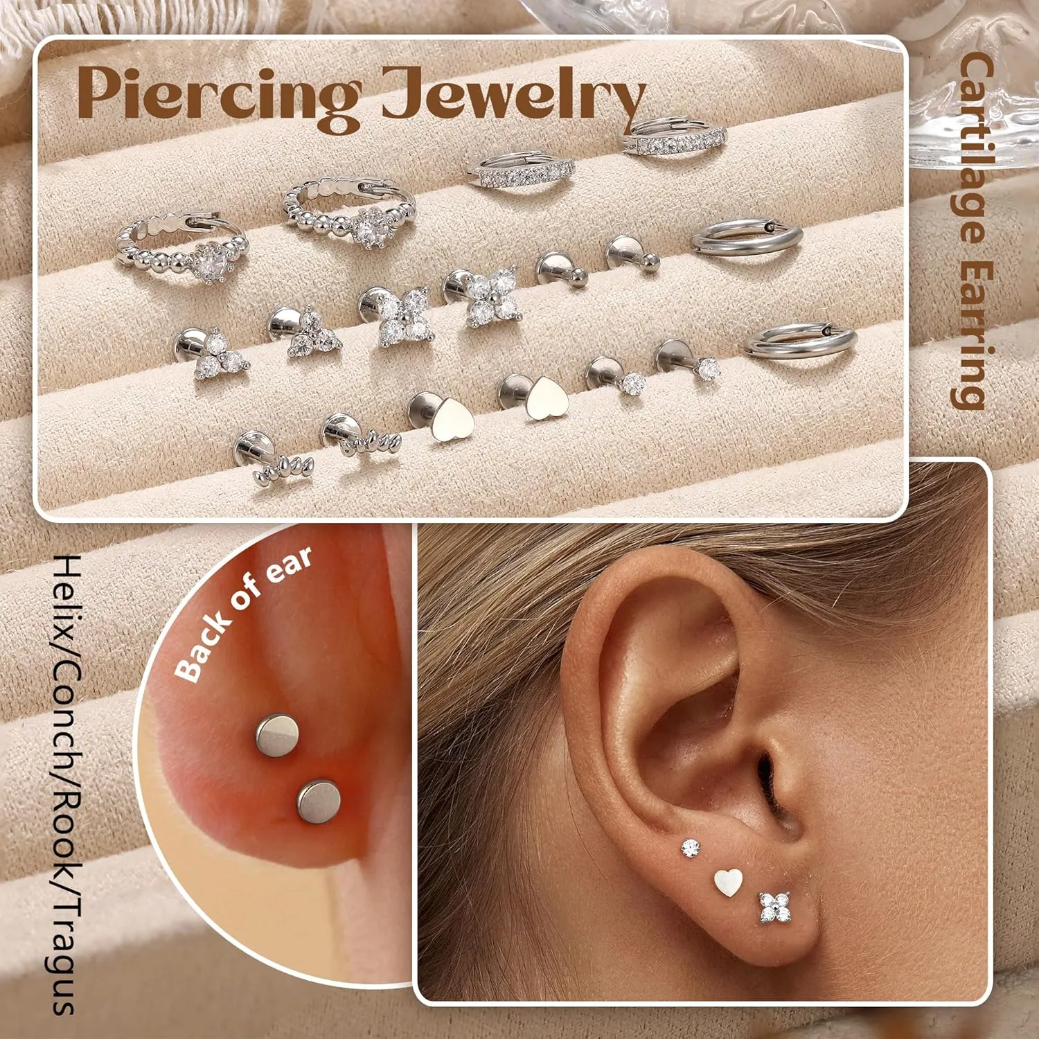 14K Gold Plated Threadless Flat Back Earrings 16G 18G Cartilage Earring Set Stainless Steel Helix Earrings for Women Flatback Stud 9Pcs Hoop Cartilage Earring Set for Multiple Piercing