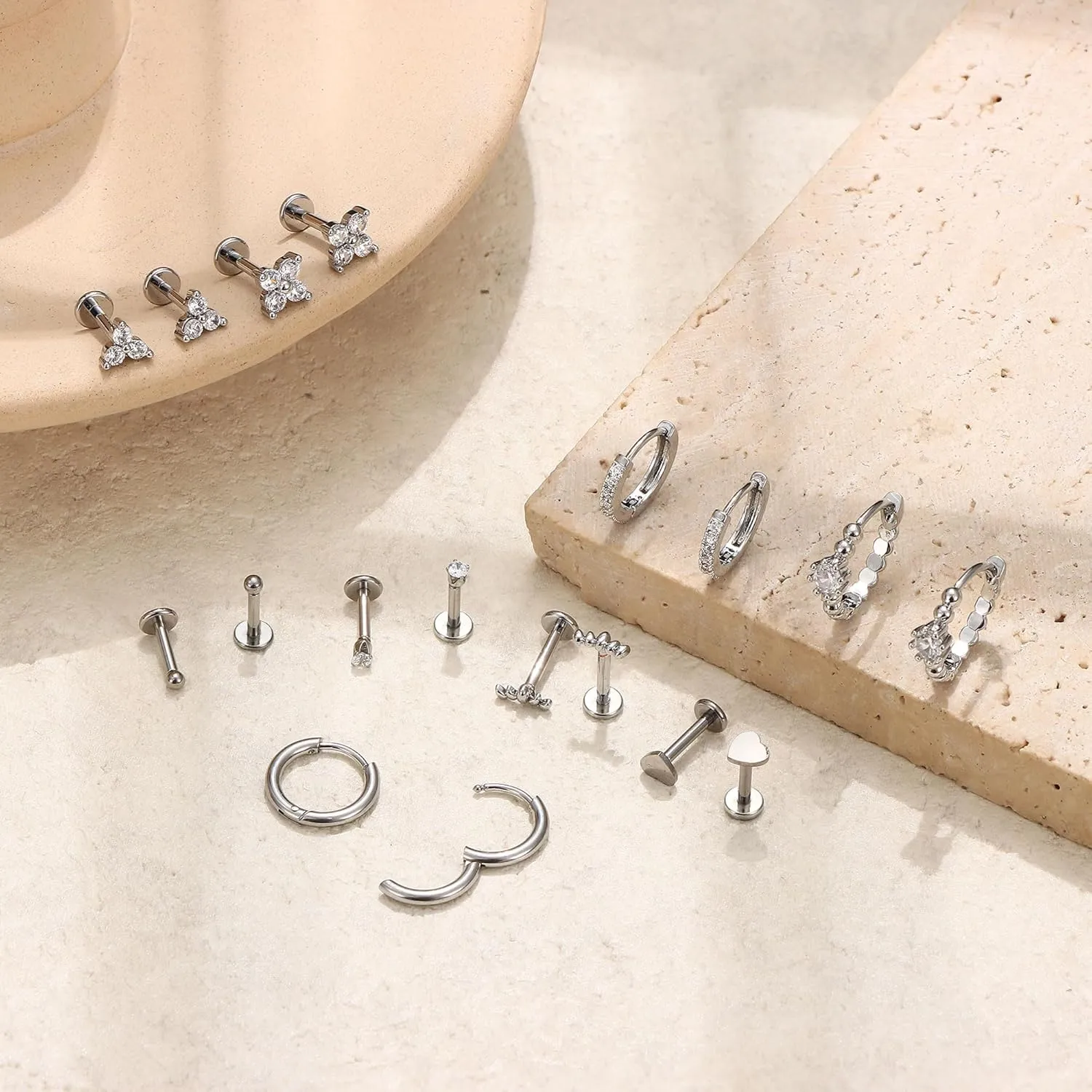 14K Gold Plated Threadless Flat Back Earrings 16G 18G Cartilage Earring Set Stainless Steel Helix Earrings for Women Flatback Stud 9Pcs Hoop Cartilage Earring Set for Multiple Piercing