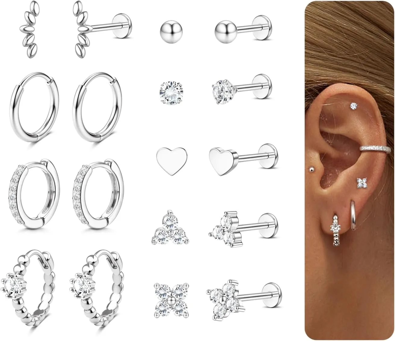 14K Gold Plated Threadless Flat Back Earrings 16G 18G Cartilage Earring Set Stainless Steel Helix Earrings for Women Flatback Stud 9Pcs Hoop Cartilage Earring Set for Multiple Piercing