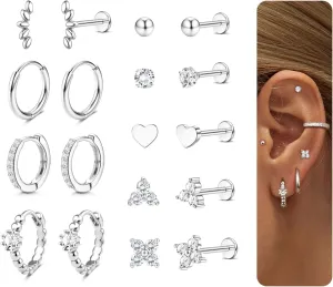 14K Gold Plated Threadless Flat Back Earrings 16G 18G Cartilage Earring Set Stainless Steel Helix Earrings for Women Flatback Stud 9Pcs Hoop Cartilage Earring Set for Multiple Piercing