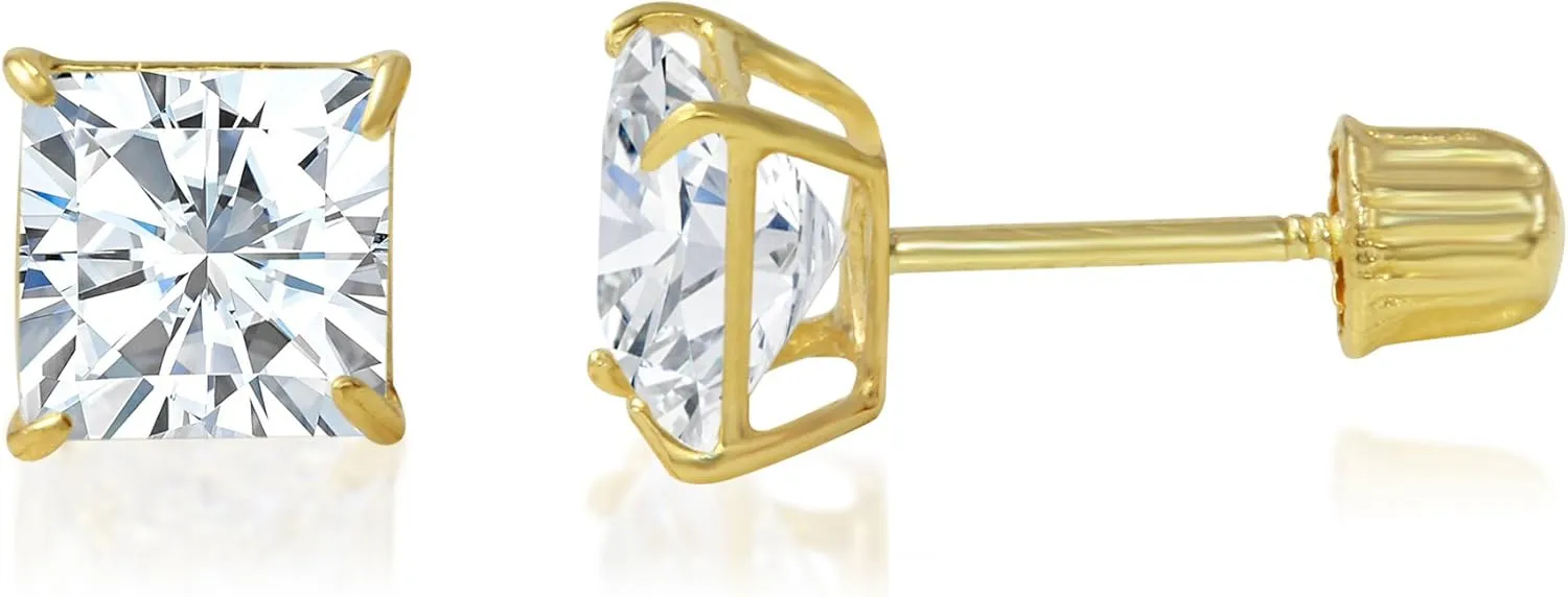 14K Gold Square Solitaire Princess Cut Cubic Zirconia CZ Stud Earrings with Screw Backs in Yellow OR White (0.1-1.75 carats)