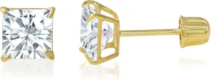 14K Gold Square Solitaire Princess Cut Cubic Zirconia CZ Stud Earrings with Screw Backs in Yellow OR White (0.1-1.75 carats)