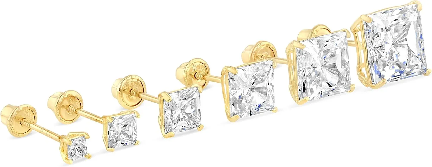 14K Gold Square Solitaire Princess Cut Cubic Zirconia CZ Stud Earrings with Screw Backs in Yellow OR White (0.1-1.75 carats)