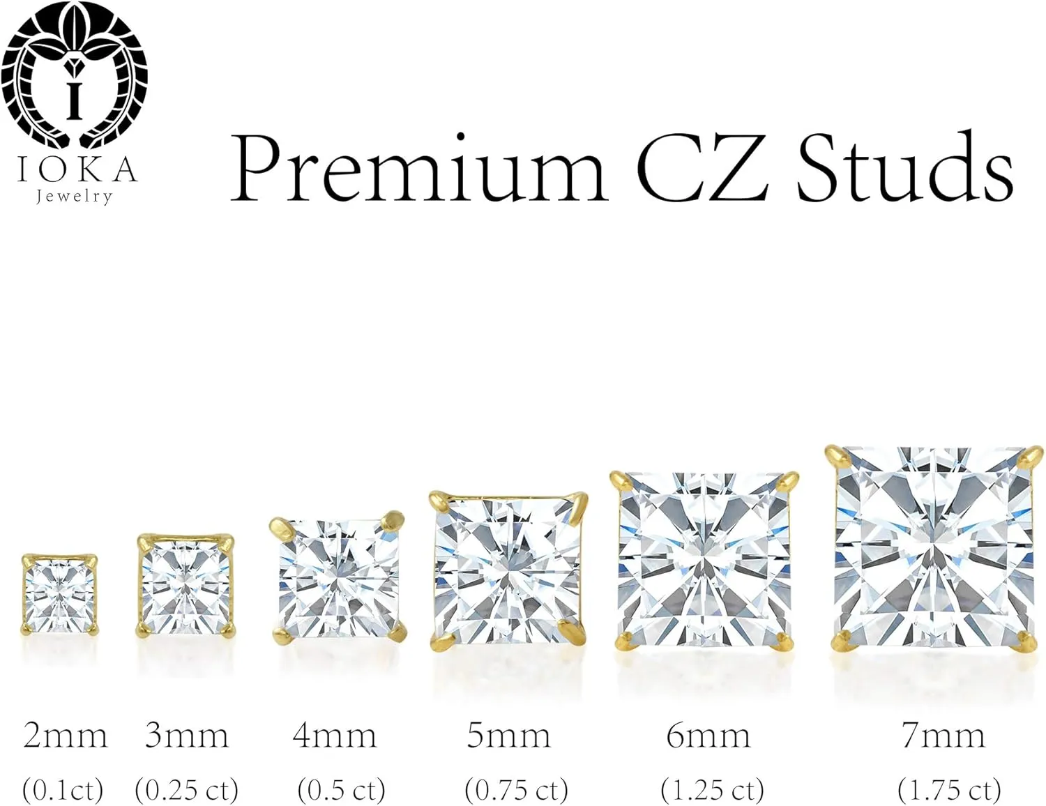 14K Gold Square Solitaire Princess Cut Cubic Zirconia CZ Stud Earrings with Screw Backs in Yellow OR White (0.1-1.75 carats)