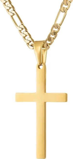 14K Gold Style Figaro Chain Cross Pendant Necklace 4MM Cross Necklace Clasp for MEN, HUSBAND Thin for Charms Figaro Link Diamond Cut Religious Crucifix