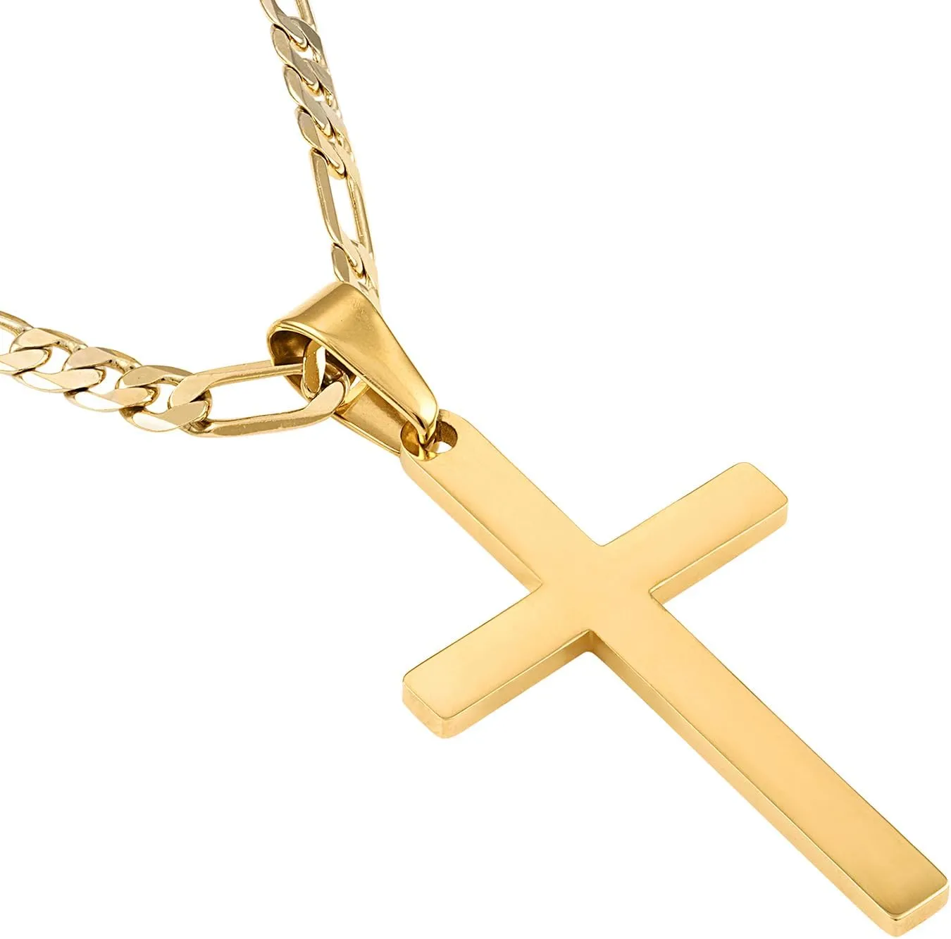 14K Gold Style Figaro Chain Cross Pendant Necklace 4MM Cross Necklace Clasp for MEN, HUSBAND Thin for Charms Figaro Link Diamond Cut Religious Crucifix