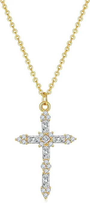 14K/18K Gold Plated Cubic Zirconia Cross Necklace for Women | Cross Faith Pendant Necklaces | Silver Cross Necklace, Gold Cross Necklace for Women | 15"/18"   3 inches Extender