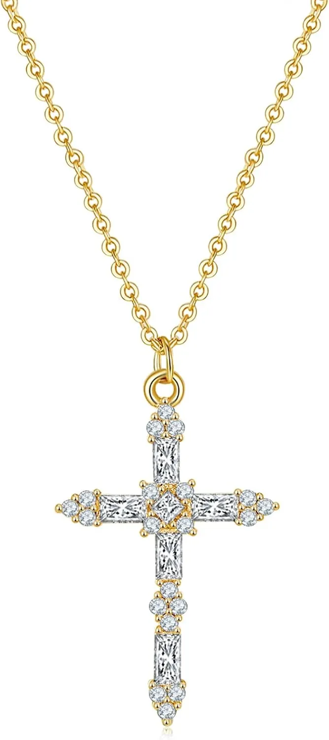 14K/18K Gold Plated Cubic Zirconia Cross Necklace for Women | Cross Faith Pendant Necklaces | Silver Cross Necklace, Gold Cross Necklace for Women | 15"/18"   3 inches Extender
