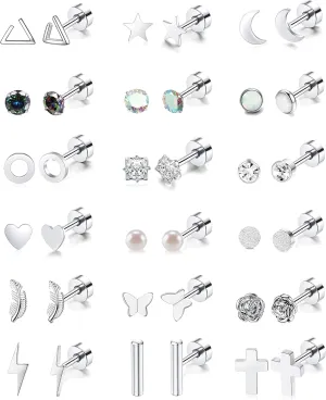 18 Pairs Stainless Steel Stud Earrings Set for Women Men Star Moon flower Heart Leaf Opal 20G Cartilage Earrings Hypoallergenic Flatback Earrings Piercing Jewelry