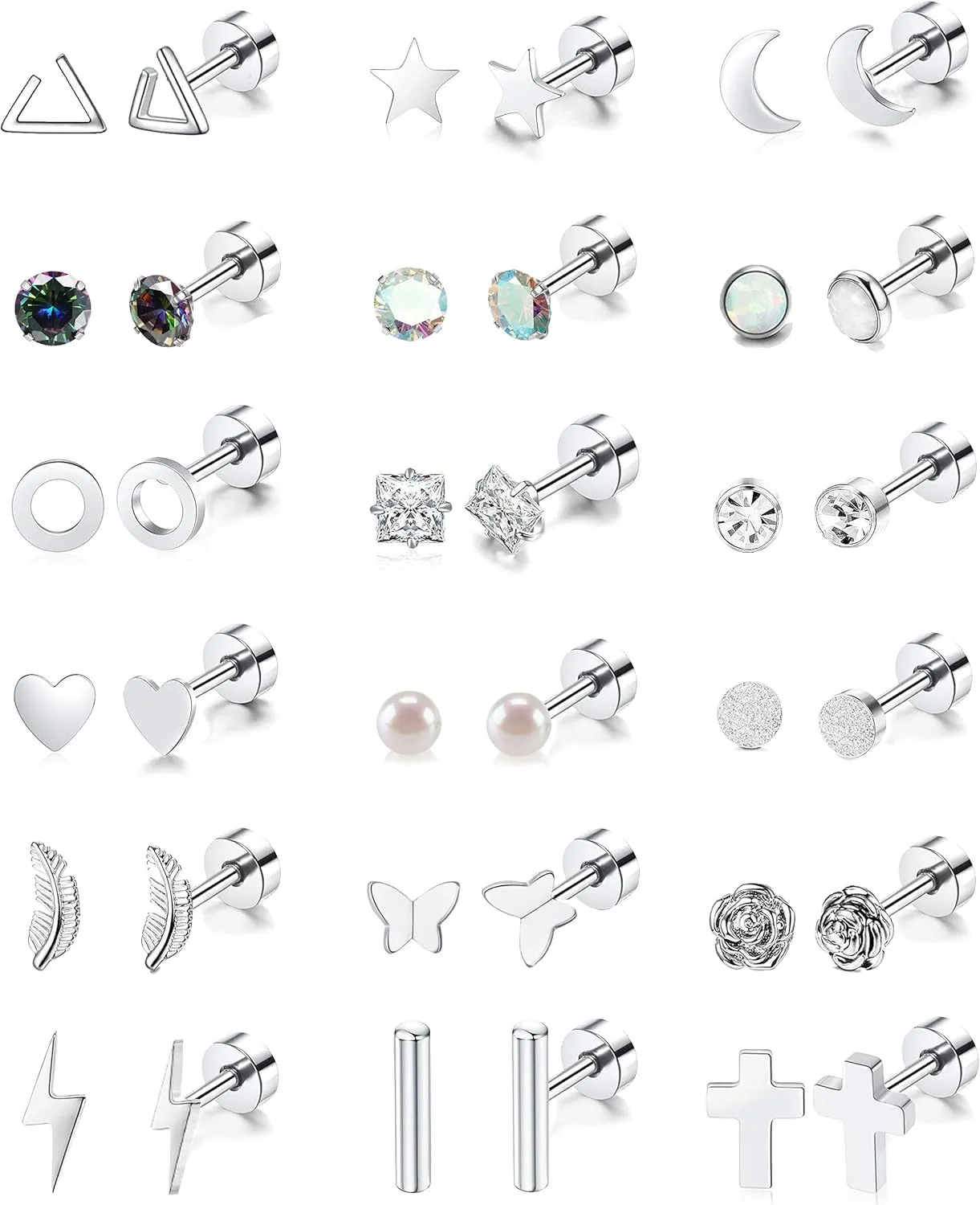 18 Pairs Stainless Steel Stud Earrings Set for Women Men Star Moon flower Heart Leaf Opal 20G Cartilage Earrings Hypoallergenic Flatback Earrings Piercing Jewelry