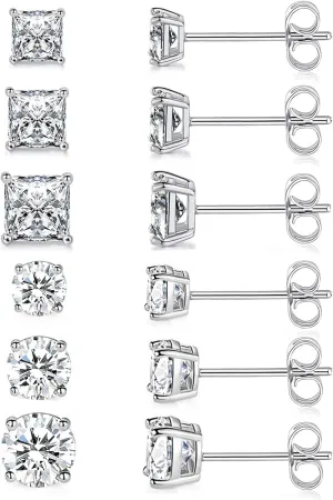 18K Gold Plated Round Princess Cut Clear Cubic Zirconia Stud Earring of 6 Pairs (6 Pairs)