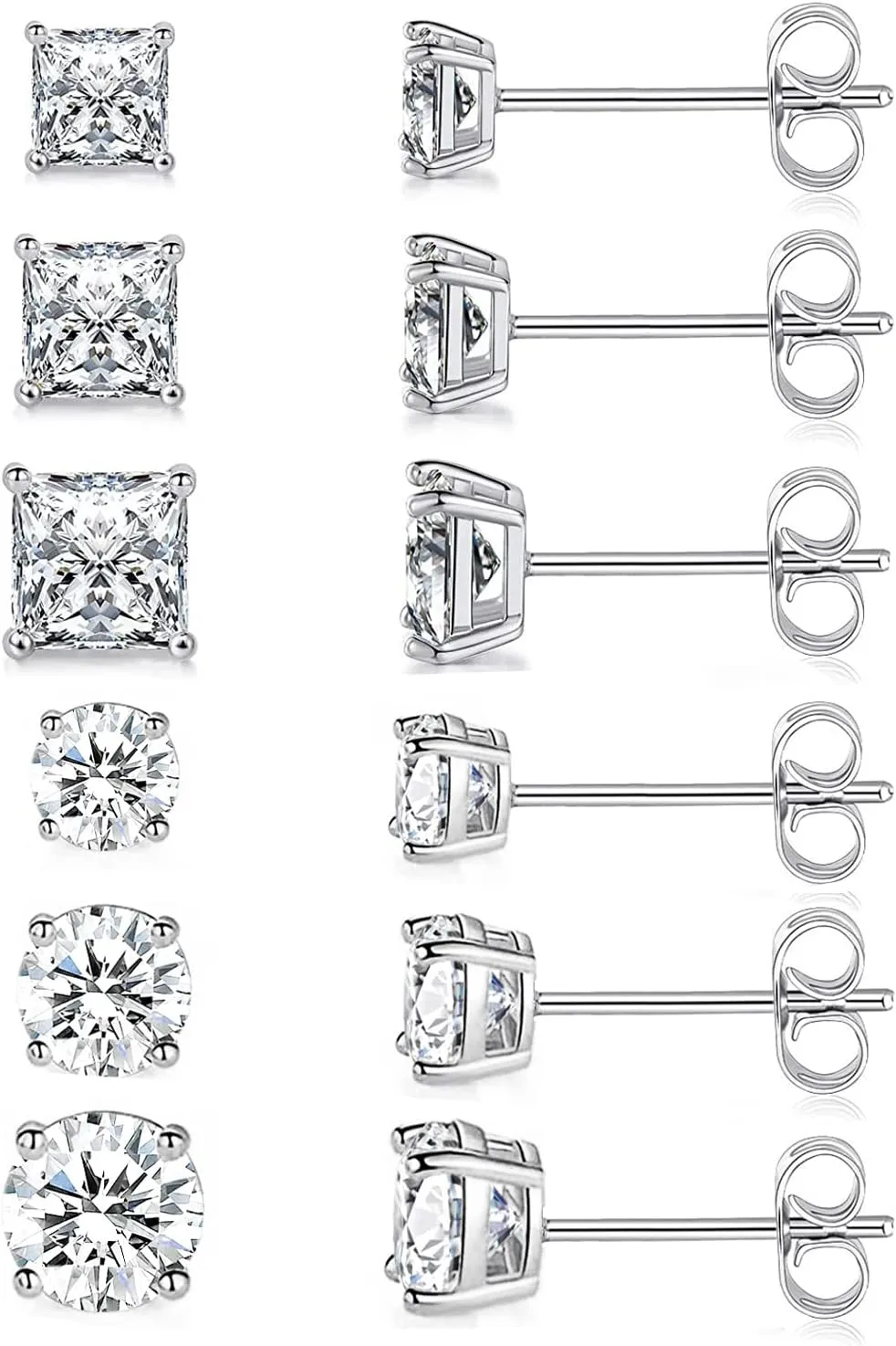 18K Gold Plated Round Princess Cut Clear Cubic Zirconia Stud Earring of 6 Pairs (6 Pairs)