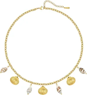 18K Gold Plated Starfish Pendant Necklace Stainless Steel Conch & Pearl Chain Choker for Women Ocean Jewelry