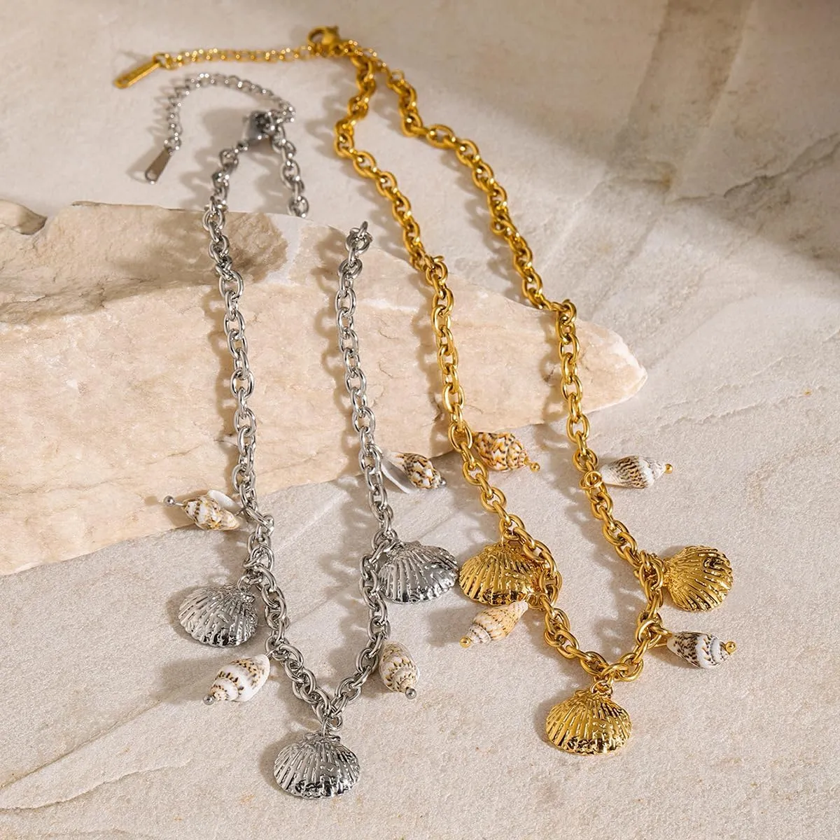 18K Gold Plated Starfish Pendant Necklace Stainless Steel Conch & Pearl Chain Choker for Women Ocean Jewelry