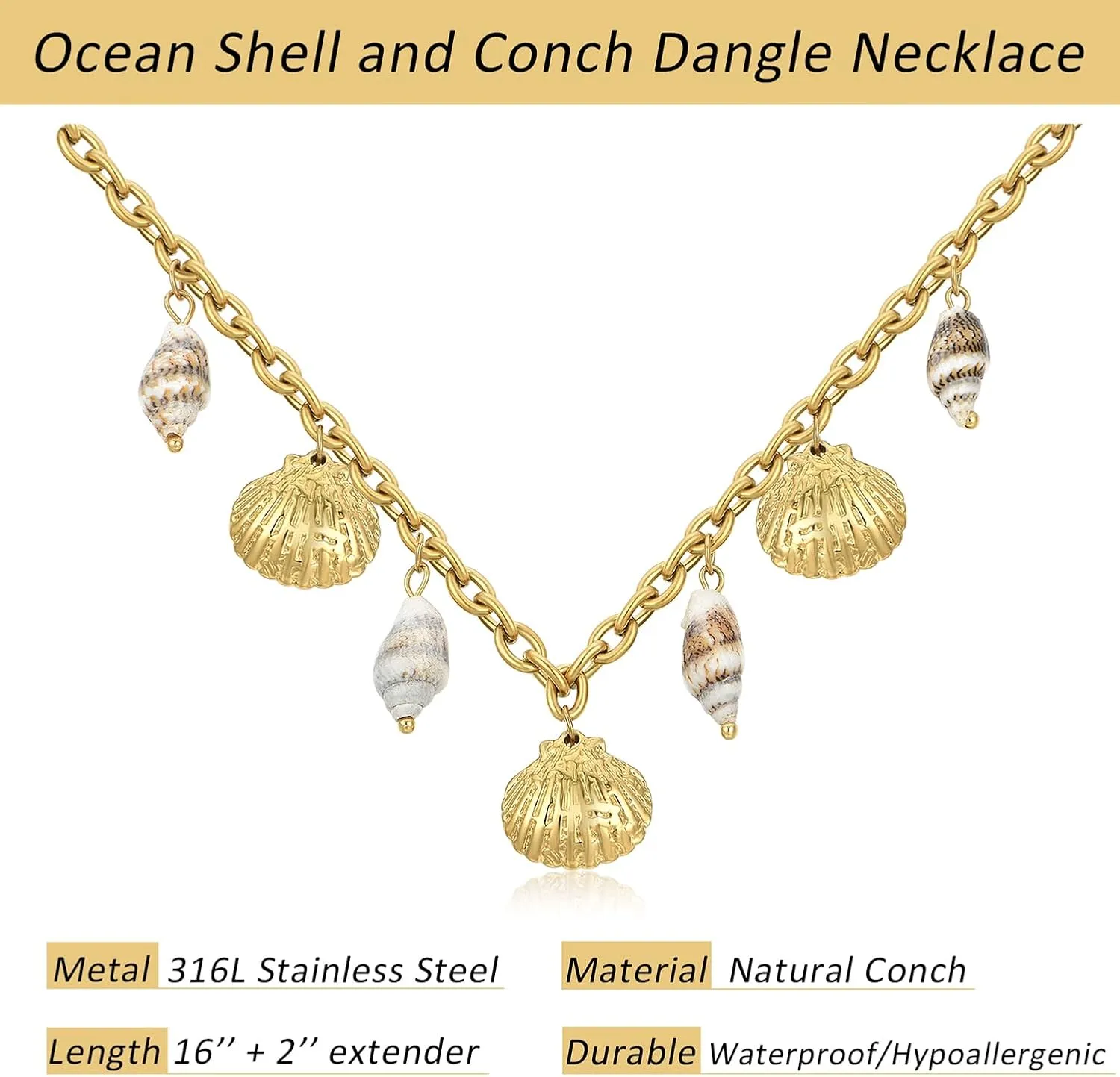 18K Gold Plated Starfish Pendant Necklace Stainless Steel Conch & Pearl Chain Choker for Women Ocean Jewelry