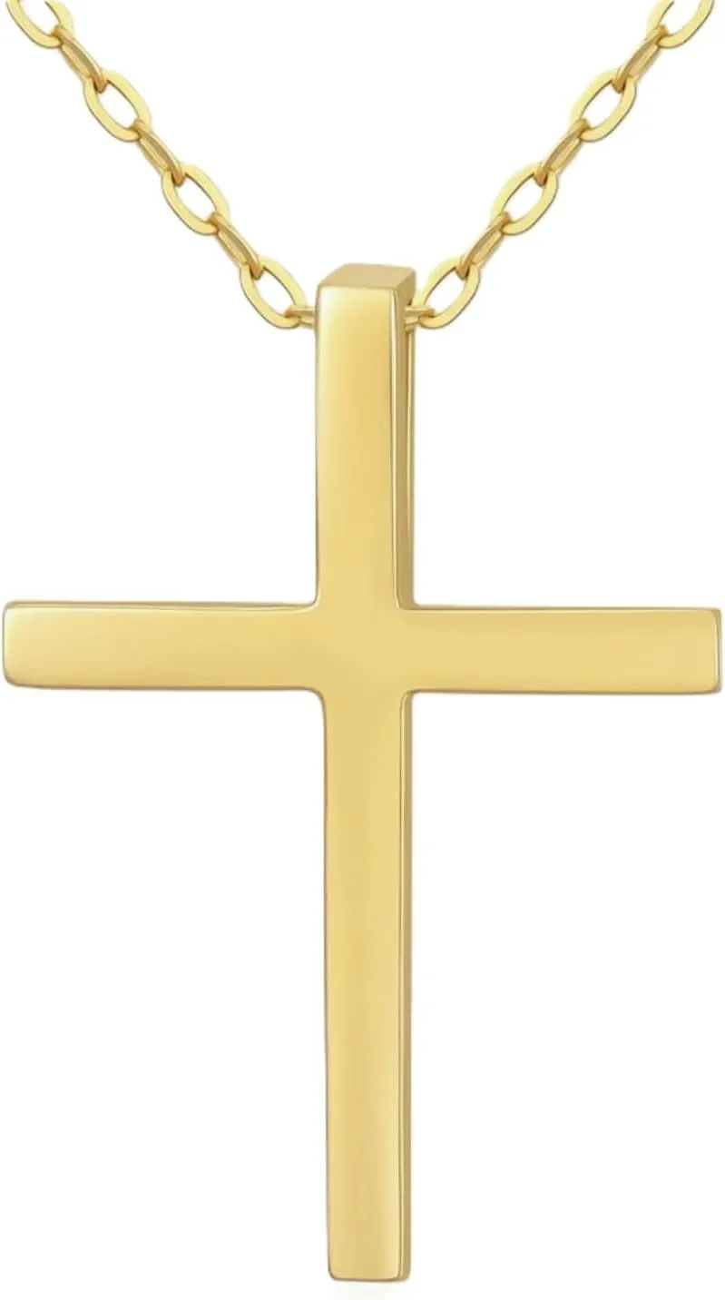 18K Karat Yellow Gold Plated Classic Christian Cross Pendant Necklace with 18 Inch Chain - Elegant Gold Cross Necklace for Women, Nickel Free, Hypoallergenic, Waterproof