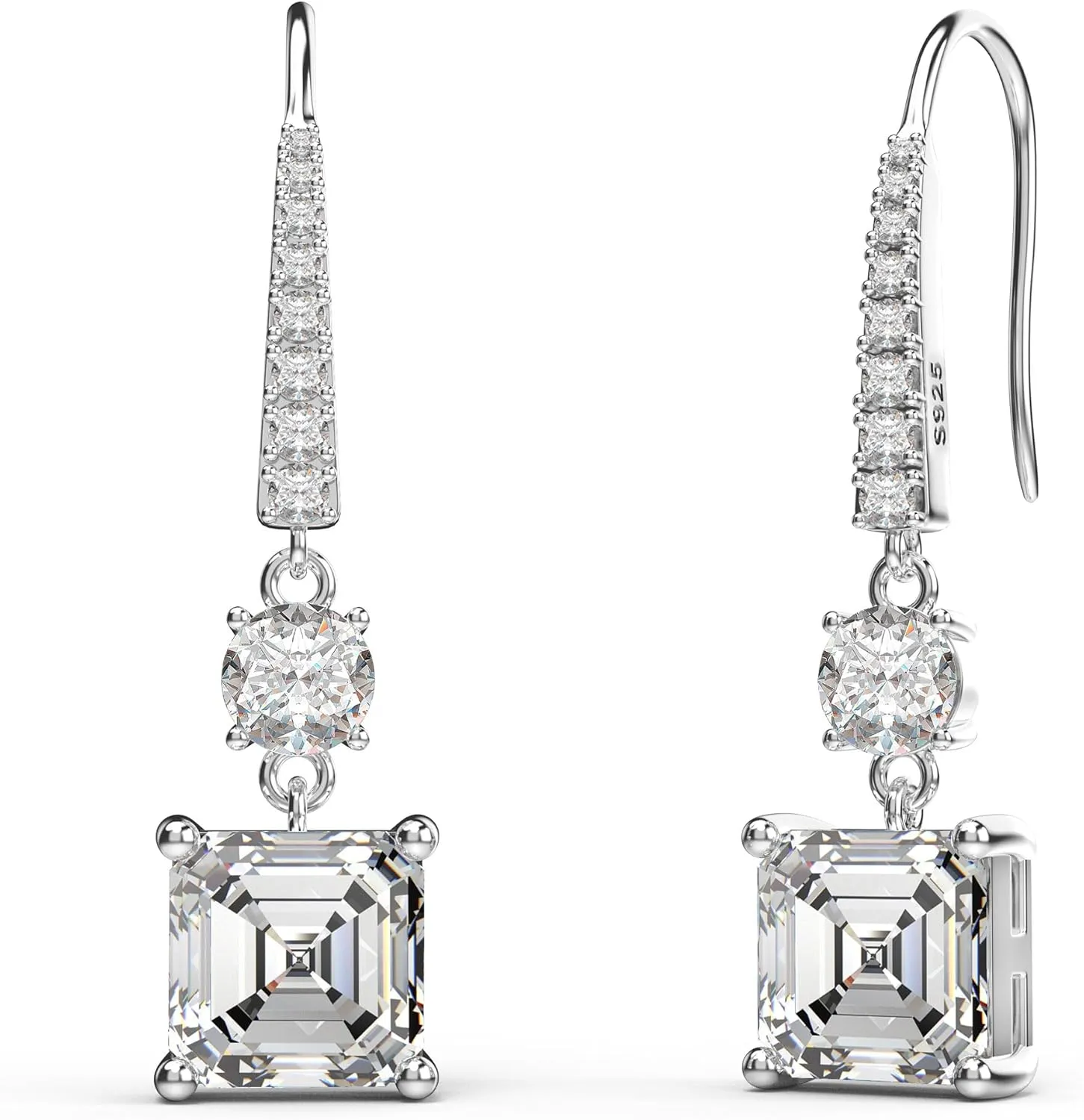 18K White Gold Plated Sterling Silver Square Asscher Cut Cubic Zirconia Dangle Earrings for Women Square CZ Diamond Drop Dangling Earrings for Women Mom