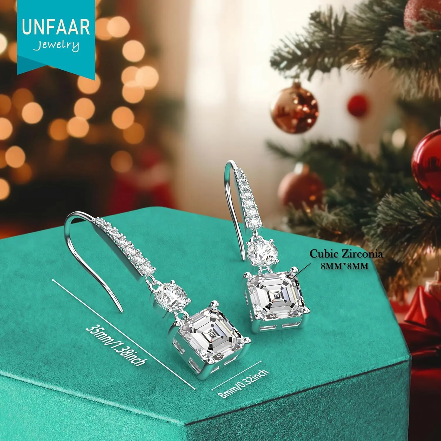18K White Gold Plated Sterling Silver Square Asscher Cut Cubic Zirconia Dangle Earrings for Women Square CZ Diamond Drop Dangling Earrings for Women Mom