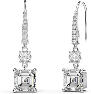 18K White Gold Plated Sterling Silver Square Asscher Cut Cubic Zirconia Dangle Earrings for Women Square CZ Diamond Drop Dangling Earrings for Women Mom