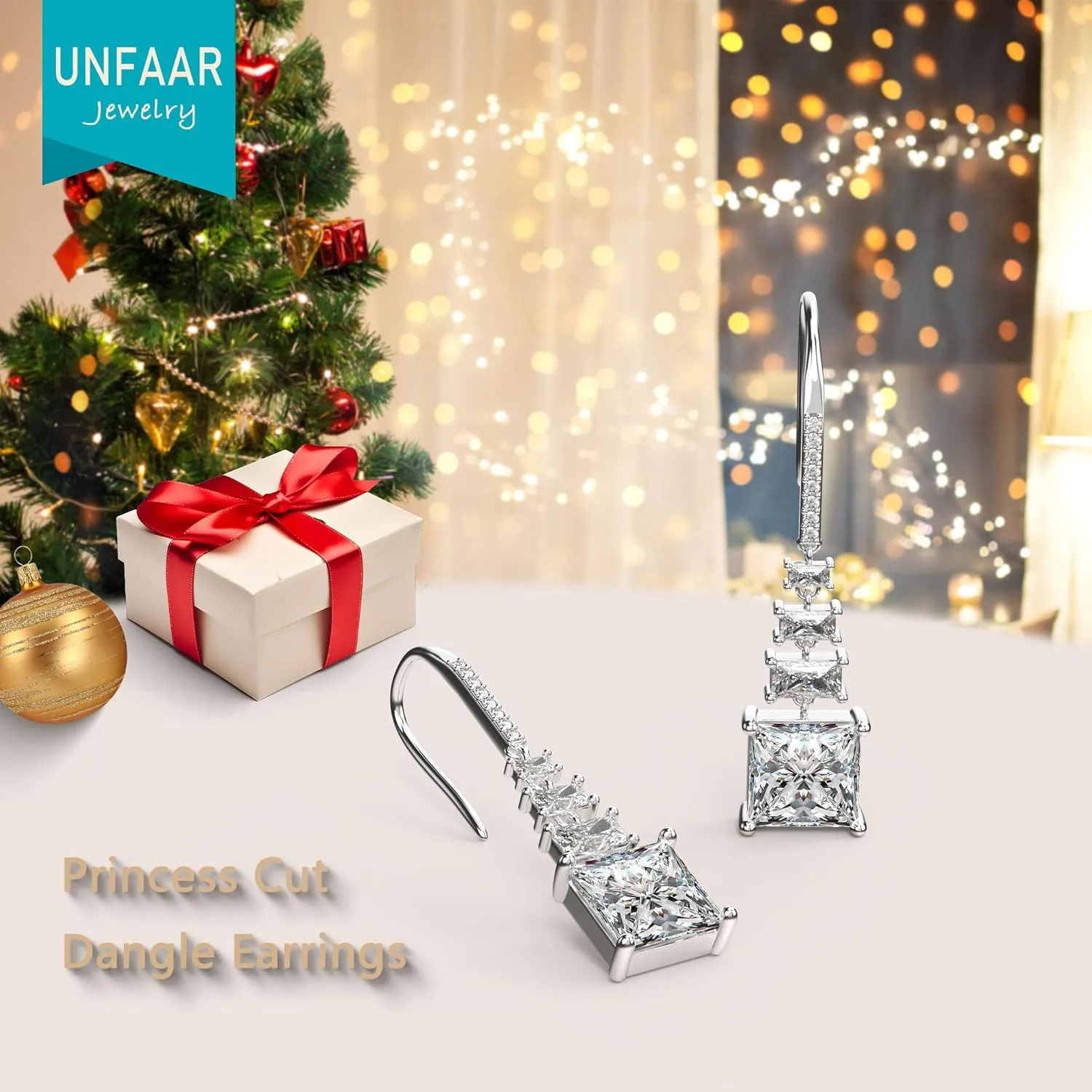 18K White Gold Plated Sterling Silver Square Princess Cut Cubic Zirconia Drop Dangle Earrings for Women Hypoallergenic Statement Earrings Gifts for Women Mom