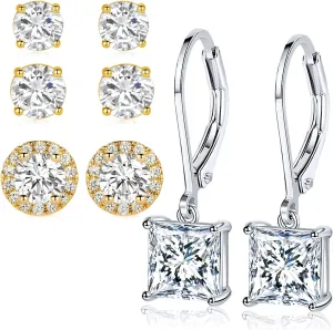 18K White Gold/Gold Plated Earrings Princess Cut and Round Cubic Zirconia Halo Stud Earrings Set CZ Oval Teardrop Leverback Dangle Earrings for Women Men Hypoallergenic Jewelry Pack of 4