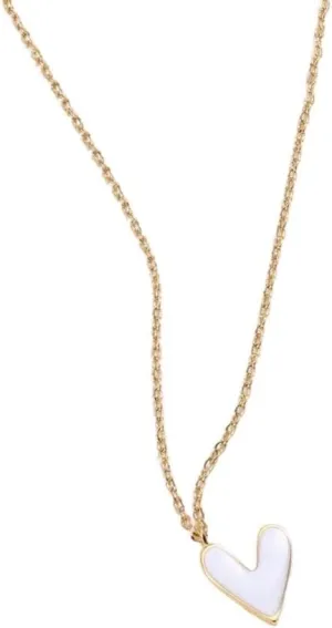 18K Yellow Gold Plated Necklace With 15.5 inch Cuban Link Chain White Enamel Heart Pendant Women's Jewelry Gift
