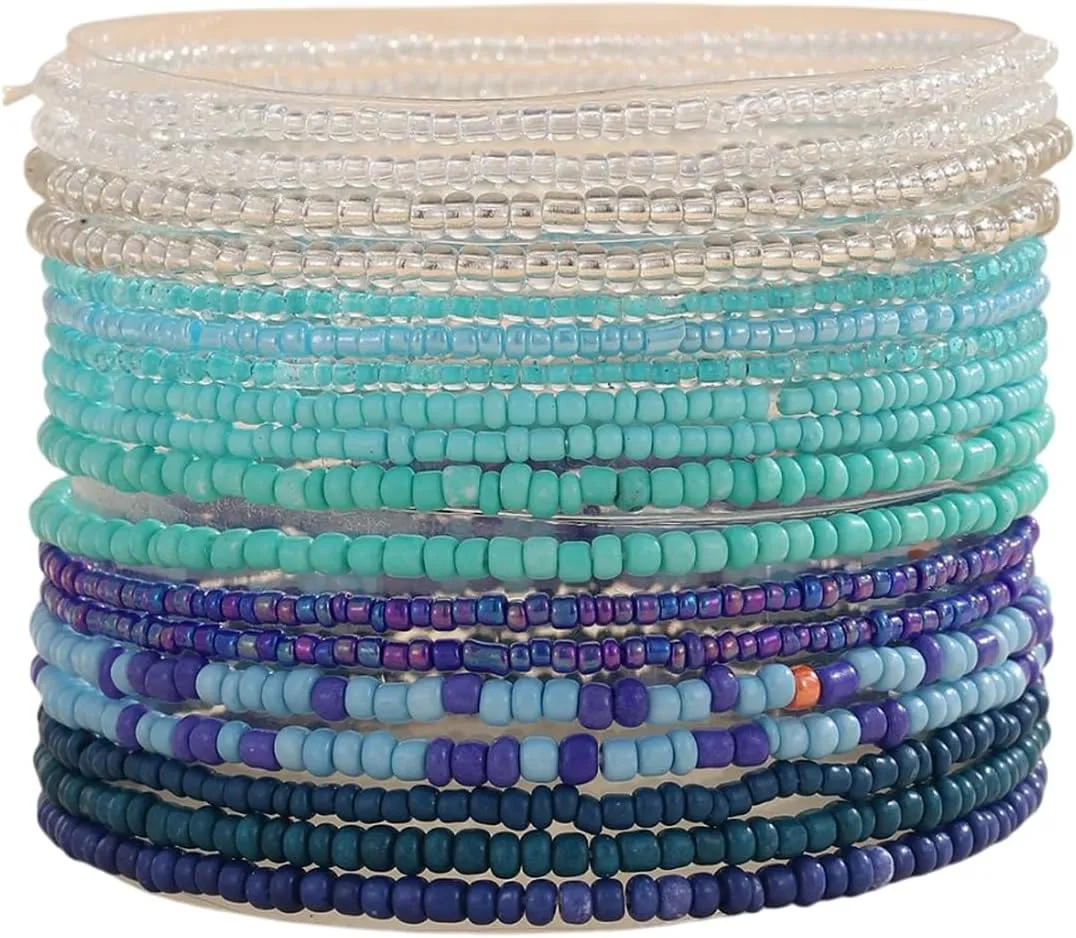 18Pcs Colorful Bohemia Seed Beaded Bracelets Handmade Adjustable Stackable Rainbow Beaded Stretch Bracelet Anket Multilayer Vaction Elastic Bracelet for Women Summer Beach Boho Jewelry Gifts