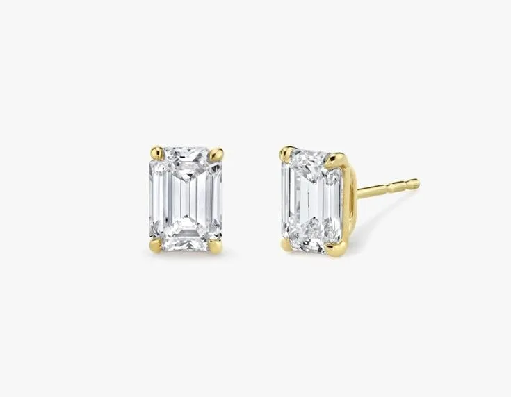 1.90 Ctw 14k Yellow Gold Finish Emerald Cut White Diamond Solitaire Stud Earrings