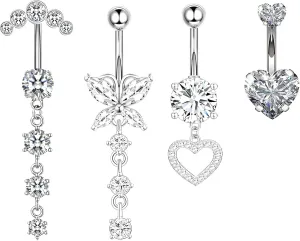 1SET 1.6mm(14G) Long Stainless Steel Dangling Belly Button Rings piercing For Women Navel Rings Barbell Dangle Flower Butterfly Ear Cuff Earrings Body Piercing Jewelry Hypoallergenic 10mm, Silvery