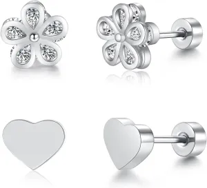 2 Pairs Silver Stud Earrings, Small Cubic Zirconia Earrings for Women, Screw Back Earrings, Cute Hypoallergenic Heart Flower Stud Earrings