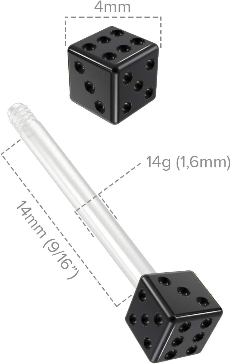2pc 14g 1.6mm Flexible Tongue Rings Bioflex 14mm 9/16 Bioplast Barbell Ring Black Anodized Dice