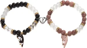 2Pcs Couple Friendship Bracelets Cute Kawaii Cartoon Cat Animal Heart Matching Bracelets Y2k Colorful Cat Glass Beaded Elastic Bracelet for Women Men Relationship Jewelry Gifts