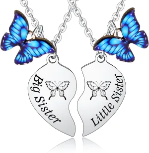 2PCs Heart Pendant Necklace Set - Matching Big Sis & Lis Sis Gifts for Sisters - Butterflies, Perfect for Christmas & Birthday