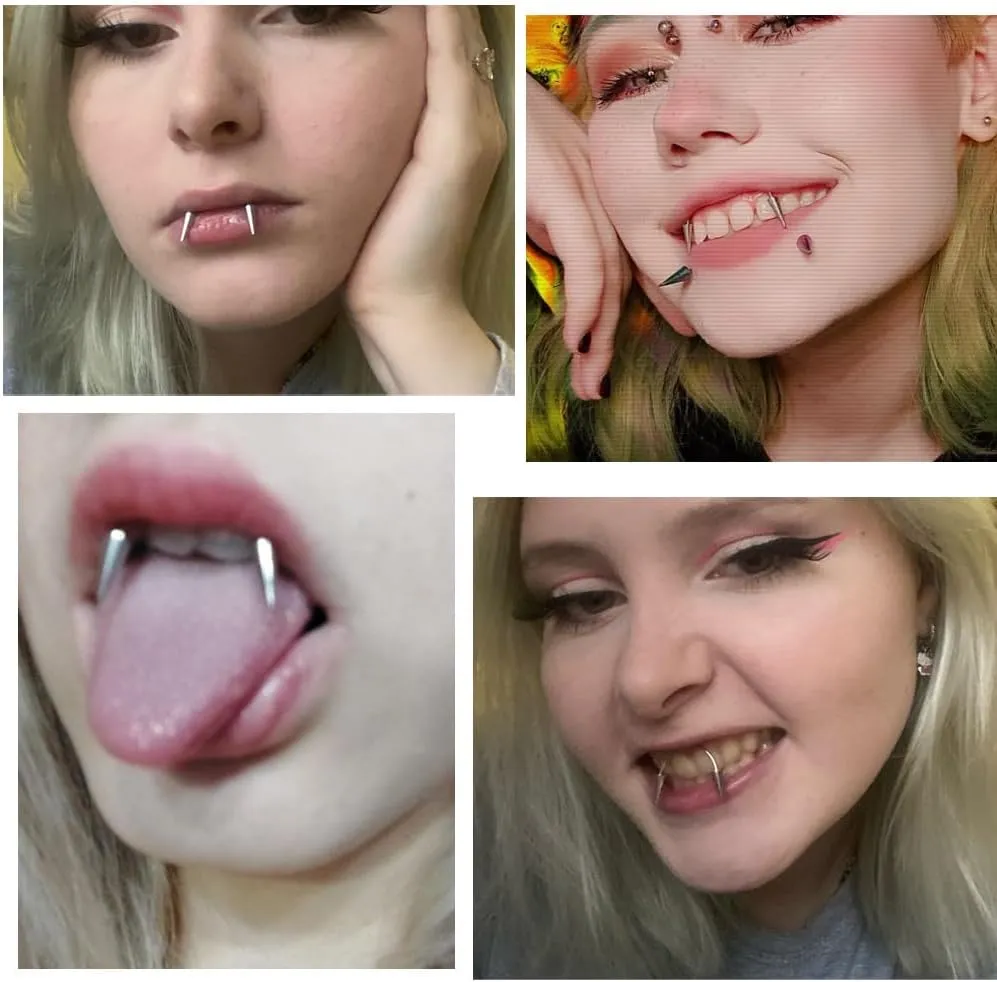 2Pcs Vampire Fangs Piercing Teeth & Nose Septum Rings Set - Stainless Steel Smile & Spike Face Piercing Jewelry