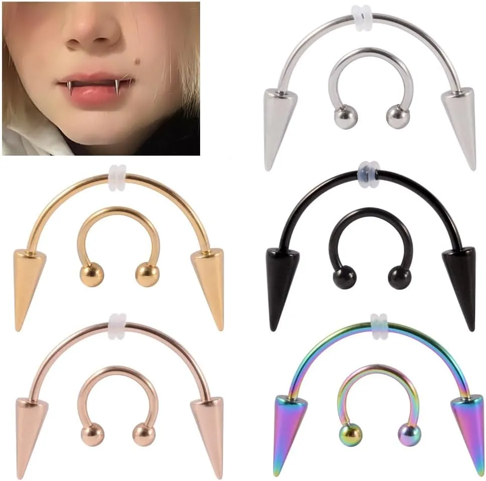 2Pcs Vampire Fangs Piercing Teeth & Nose Septum Rings Set - Stainless Steel Smile & Spike Face Piercing Jewelry