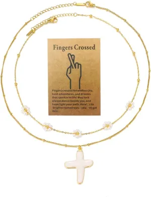 2PS Pearl and Gold Necklace Set Layered Necklaces for Women Daisy Pearl Choker and Cross Pendant Necklace Jewelry set Dainty Summer Flower Jewelry Gifts