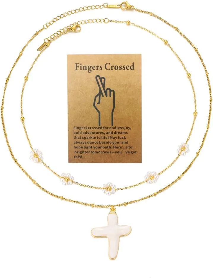 2PS Pearl and Gold Necklace Set Layered Necklaces for Women Daisy Pearl Choker and Cross Pendant Necklace Jewelry set Dainty Summer Flower Jewelry Gifts