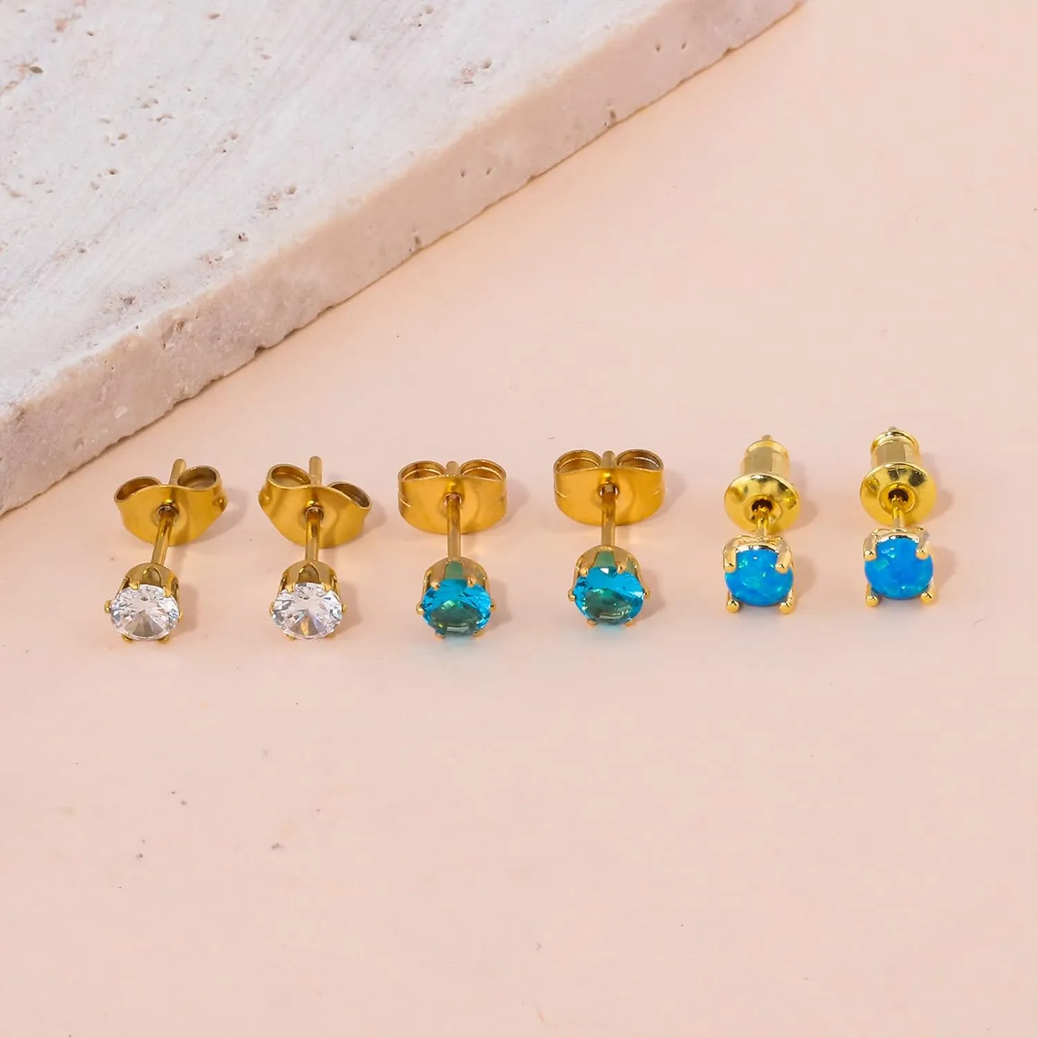 3 Pairs Stud Earrings Set, 14k Gold Plated Opal Studs Hypoallergenic Stainless Steel Cubic Zircon Stud Earrings CZ Diamond Earrings for Women Men for Sensitive Ears
