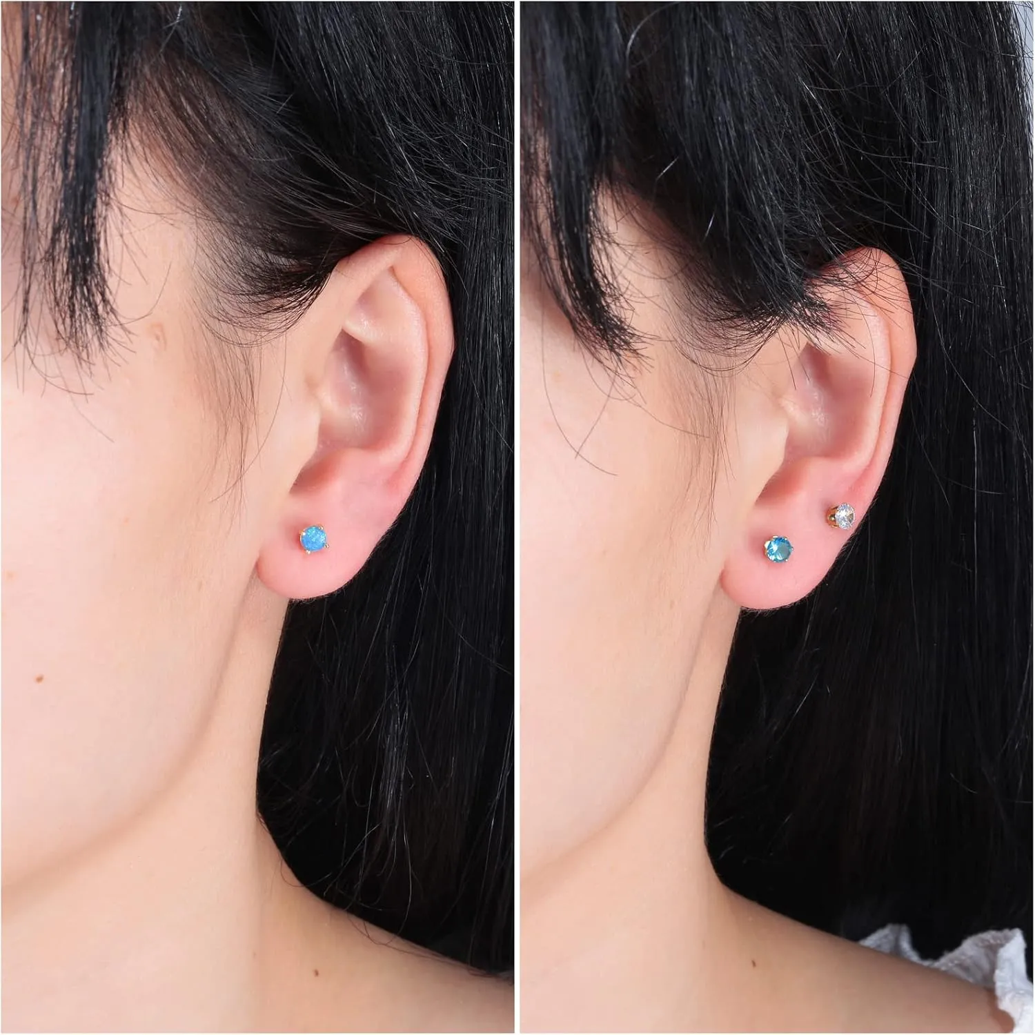3 Pairs Stud Earrings Set, 14k Gold Plated Opal Studs Hypoallergenic Stainless Steel Cubic Zircon Stud Earrings CZ Diamond Earrings for Women Men for Sensitive Ears